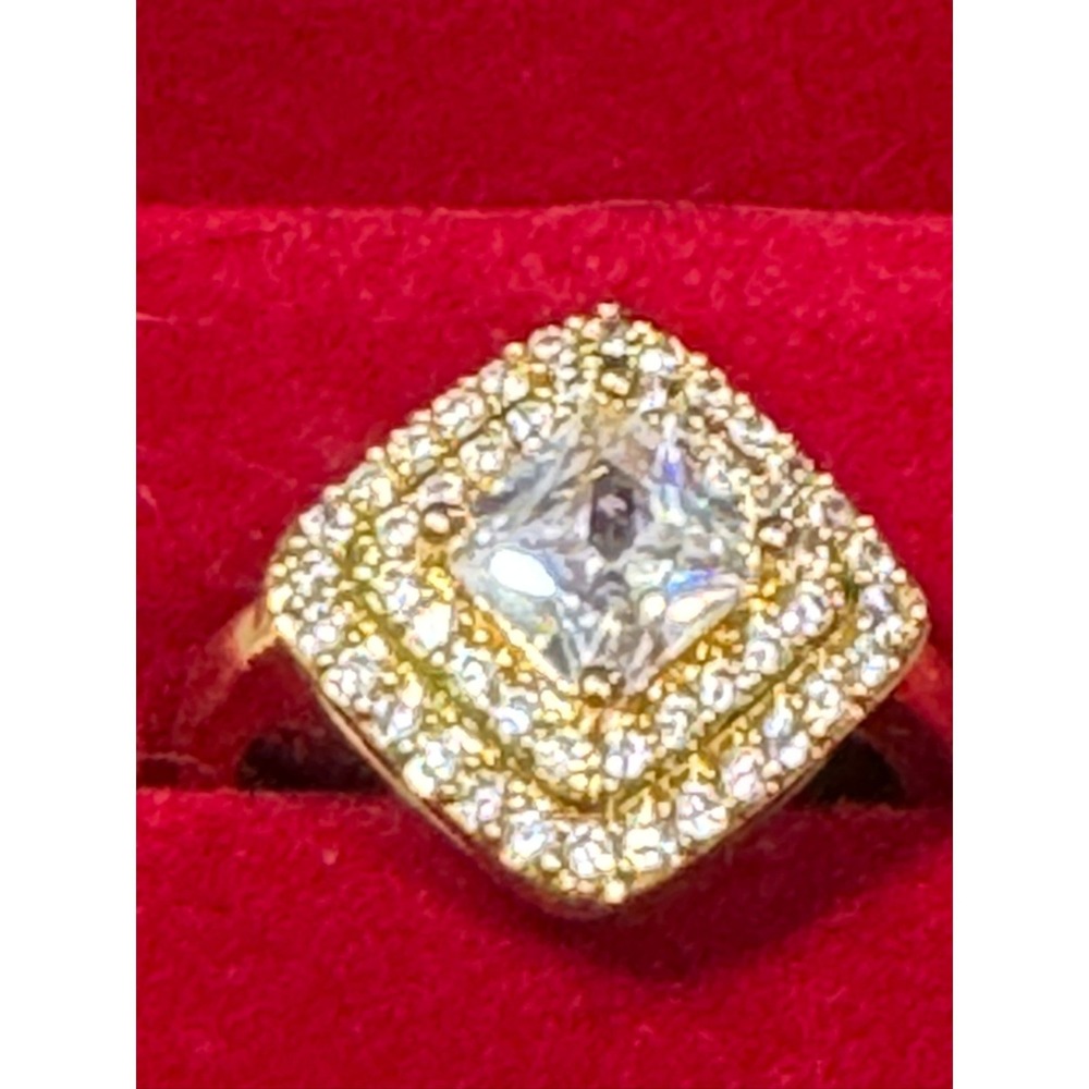 Gold Tone Princess Cut Double Halo Square Statement Ring Size 6.25